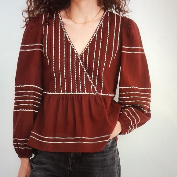 Madewell Tops - Madewell Embroidered Faux-Wrap Top Rusted Burgundy Size Small